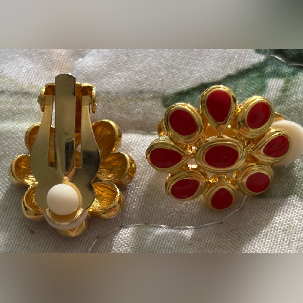 Red Floral Clip-On Earrings
